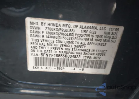 2006 Honda Pilot Ex-L из США, поврежденный, VIN 5FNYF18556B004823